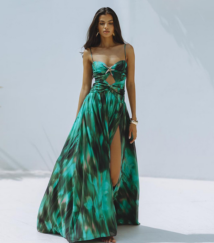 Green Printed Pleated Swimsuit & Skirt Set