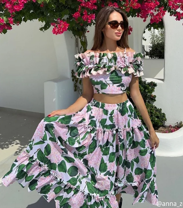 Bandeau Ruffle Floral Print Bikini Swimsuit and Skirt