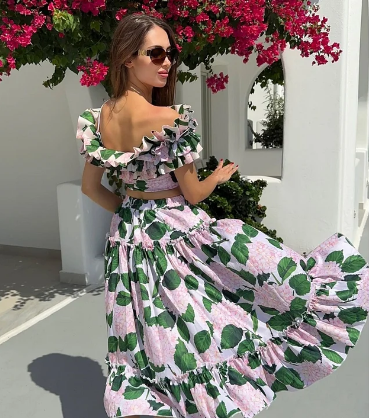 Bandeau Ruffle Floral Print Bikini Swimsuit and Skirt