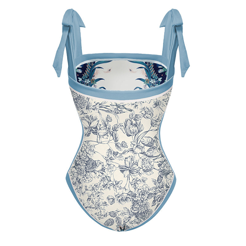 Blue Reversible Bowknot Tie-shoulder One Piece Swimsuit and sarong/Skirt