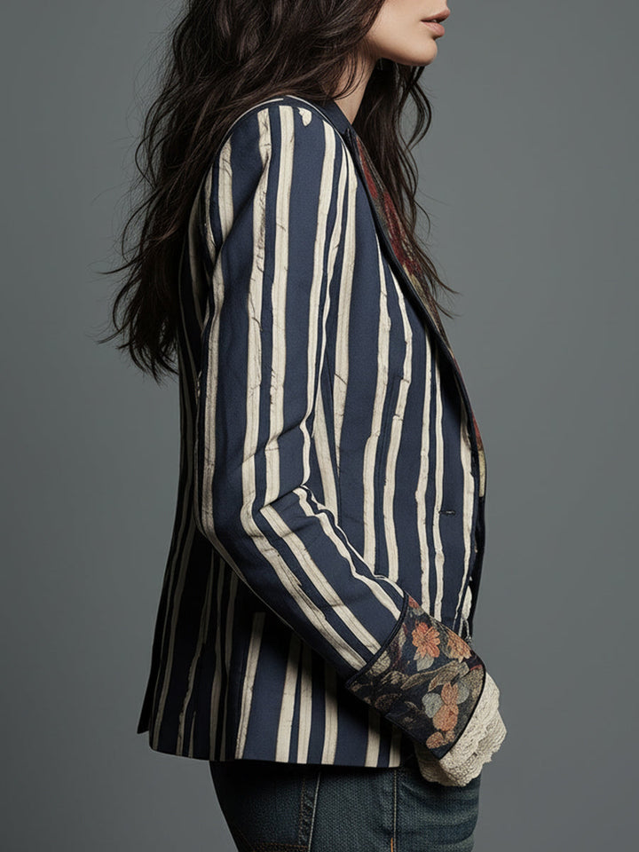 Bohemian Floral Print Cotton And Linen Striped Blazer