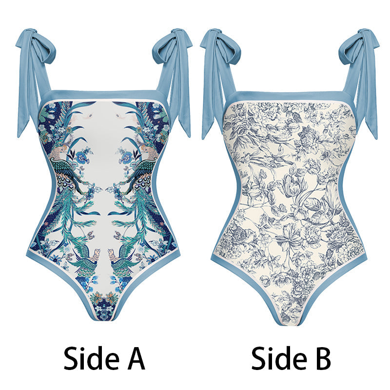 Blue Reversible Bowknot Tie-shoulder One Piece Swimsuit and sarong/Skirt