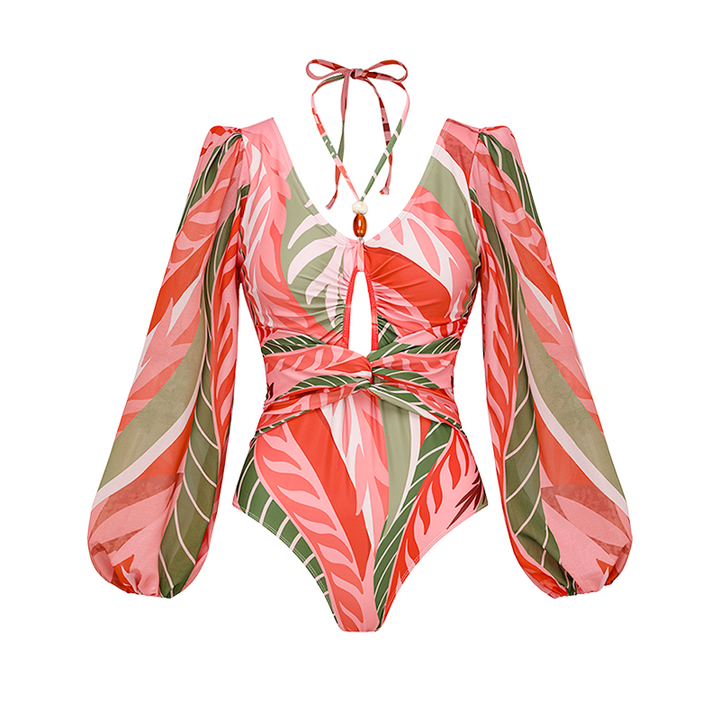 Long-sleeved Artificial Stone Decor One Piece Swimsuit and Skirt