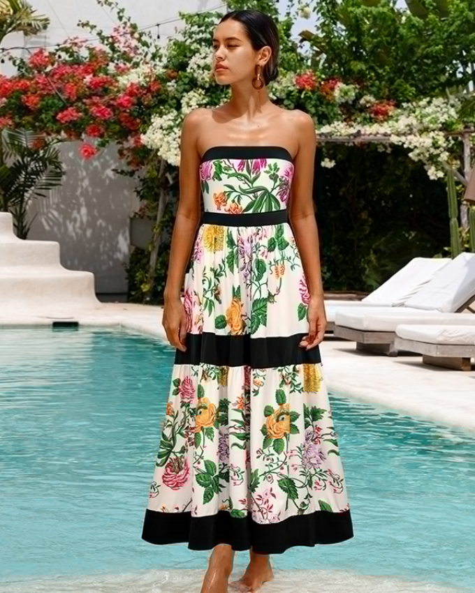 Off Shoulder Back Bow Tie Color Block Printed One Piece Swimsuit and Skirt