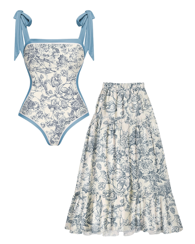 Blue Reversible Bowknot Tie-shoulder One Piece Swimsuit and sarong/Skirt