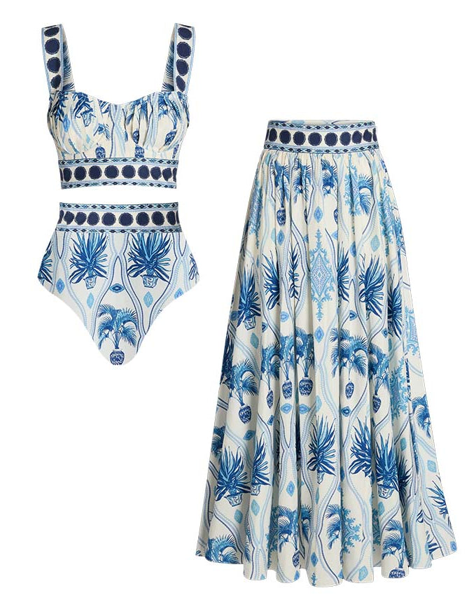 Blue Botanical Print Swimsuit Set(s)