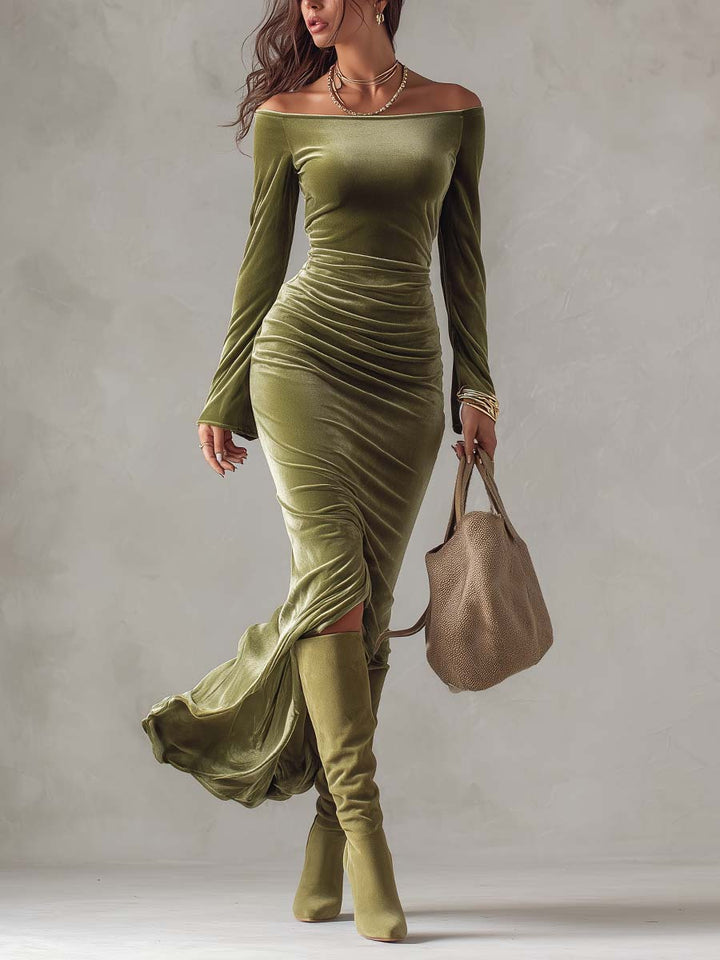 Olive Green Velvet Off Shoulder Long Sleeve Evening Maxi Dress