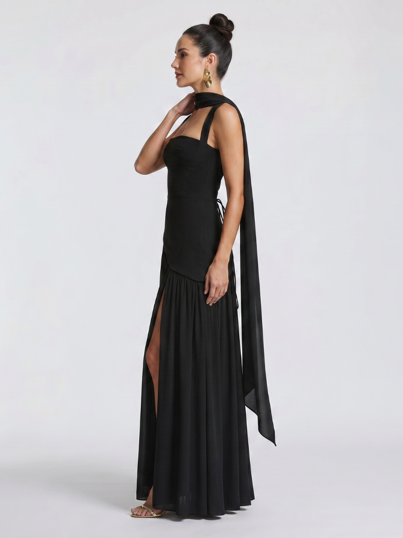 Bindi | Cutout Neck Pleated Slit Maxi Dress