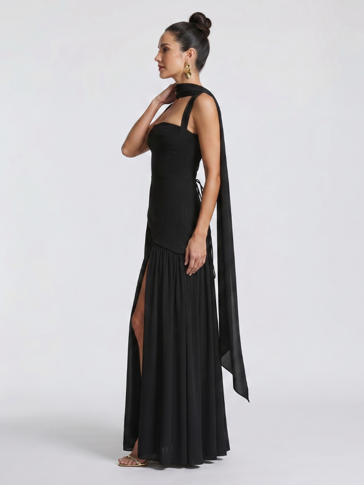Bindi | Cutout Neck Pleated Slit Maxi Dress