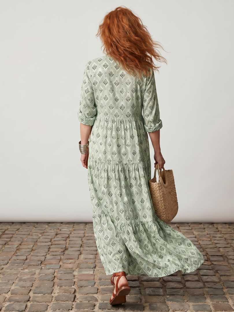 Junia | Notch Neck Printed Long Sleeve Maxi Dress