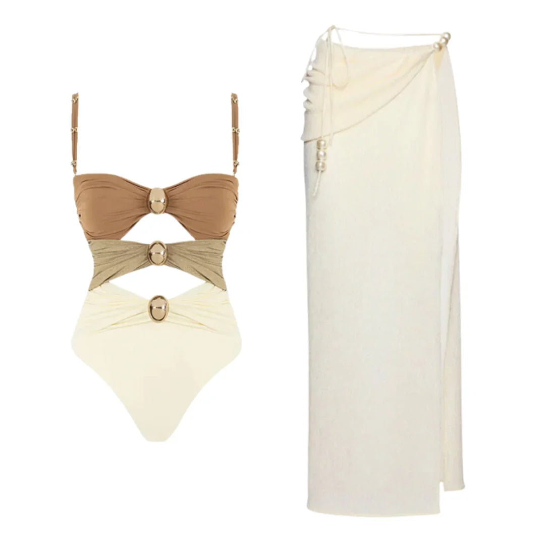 Color Block Cutout One Piece Swimsuit and sarong