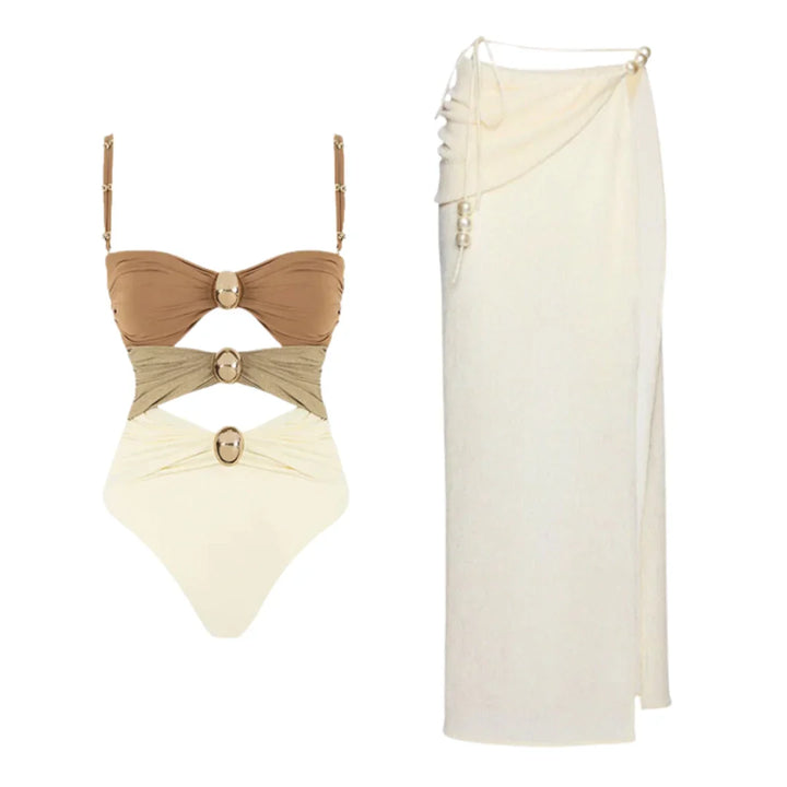 Color Block Cutout One Piece Swimsuit and sarong