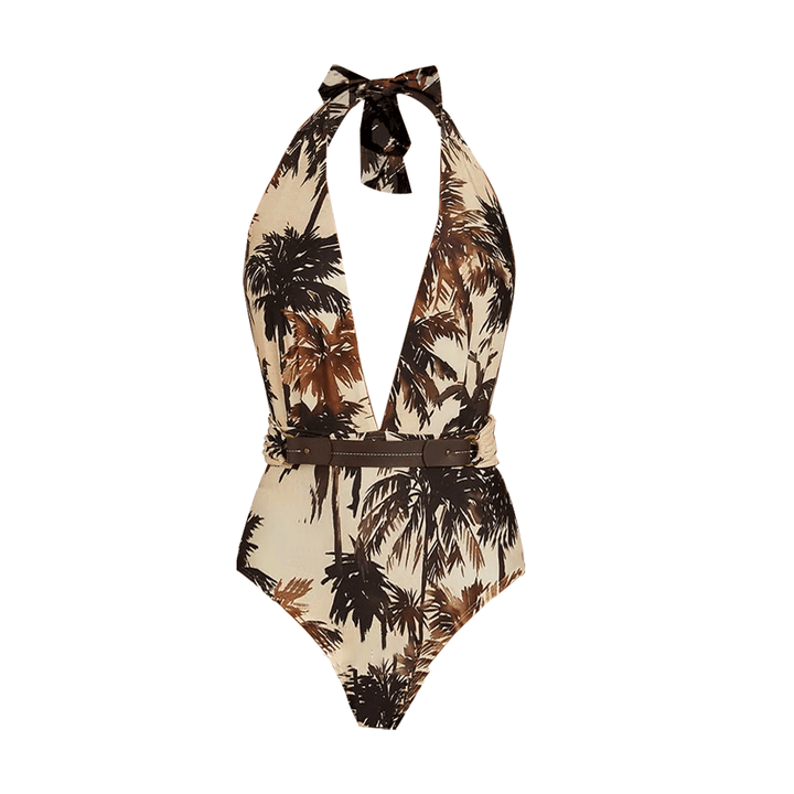 V Neck Coconut Palm Print One Piece Swimsuit and Skirt