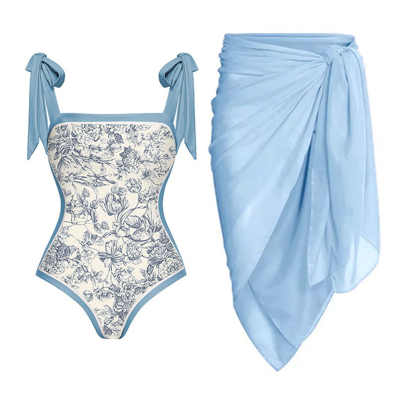 Blue Reversible Bowknot Tie-shoulder One Piece Swimsuit and sarong/Skirt