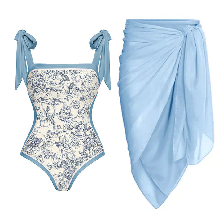 Blue Reversible Bowknot Tie-shoulder One Piece Swimsuit and sarong/Skirt