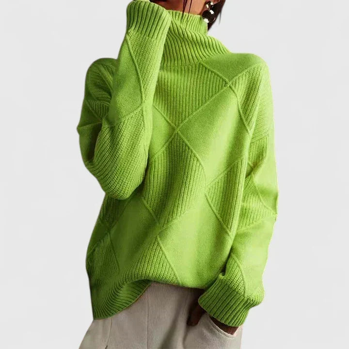 Comfortable Diamond Quilted Sweatshirt for Women with Turtleneck Long Sleeve Relaxed Oversized Knit Style
