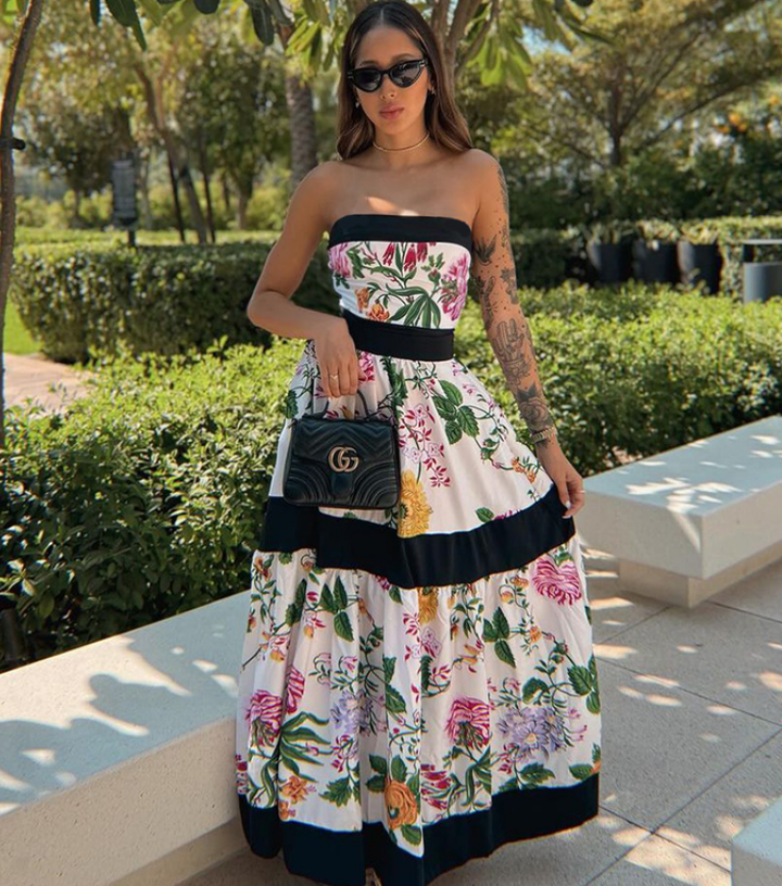 Off Shoulder Back Bow Tie Color Block Printed One Piece Swimsuit and Skirt