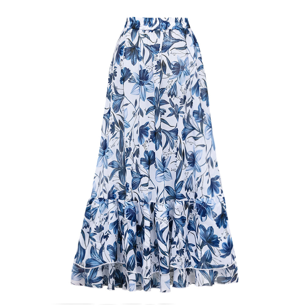 Blue V Neck Lace Up Printed One Piece Swimsuit and Skirt
