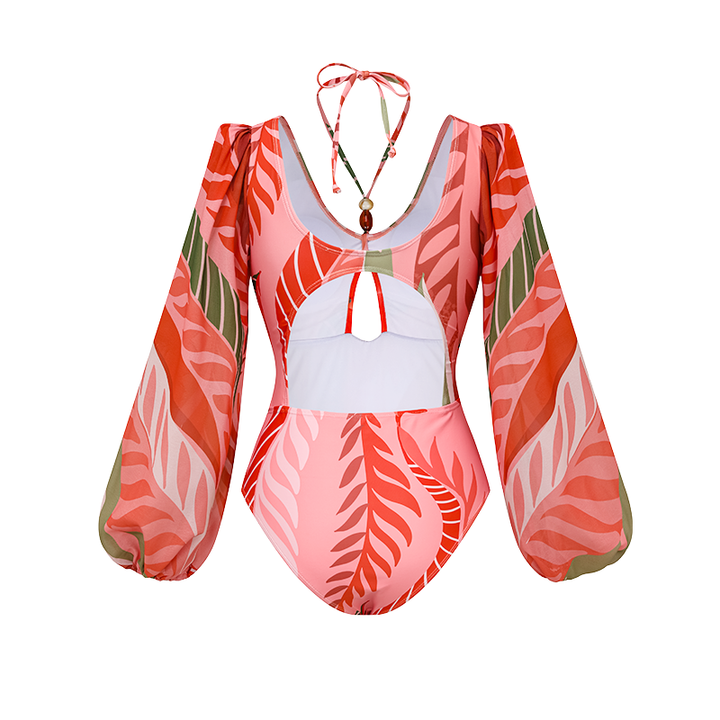 Long-sleeved Artificial Stone Decor One Piece Swimsuit and Skirt