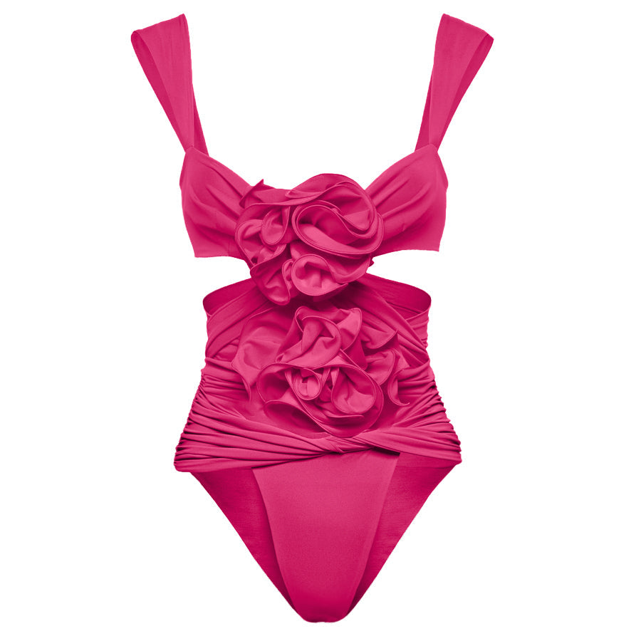 3D Flower Cutout One Piece Swimsuit and Skirt