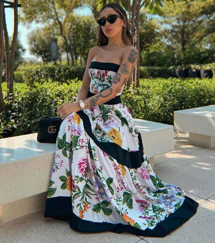 Off Shoulder Back Bow Tie Color Block Printed One Piece Swimsuit and Skirt