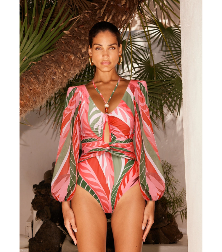Long-sleeved Artificial Stone Decor One Piece Swimsuit and Skirt