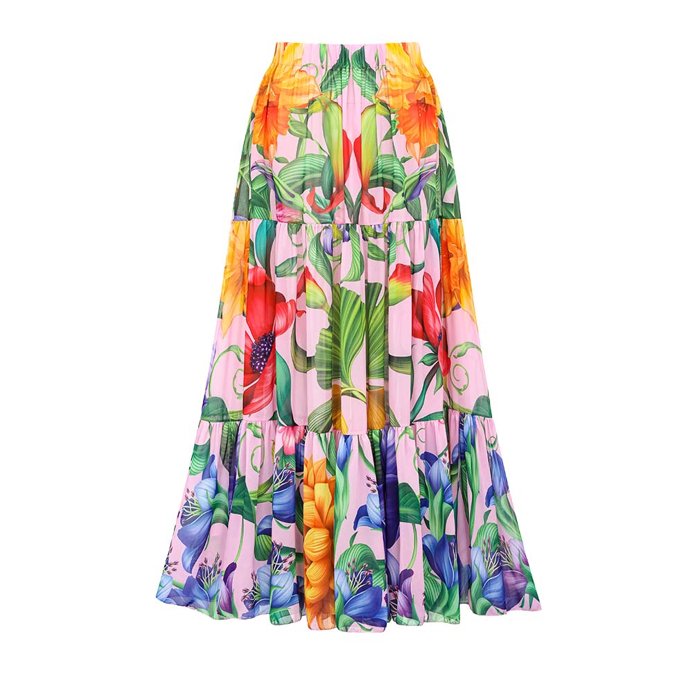 V-neck Long Sleeve Flowers Printed One Piece Swimsuit and Skirt