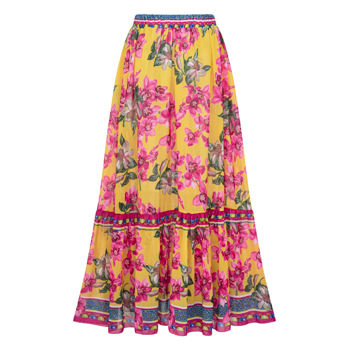 Bandeau Ruffled Orchid Print One Piece Swimsuit and Skirt