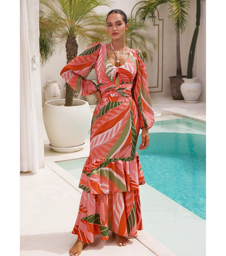Long-sleeved Artificial Stone Decor One Piece Swimsuit and Skirt