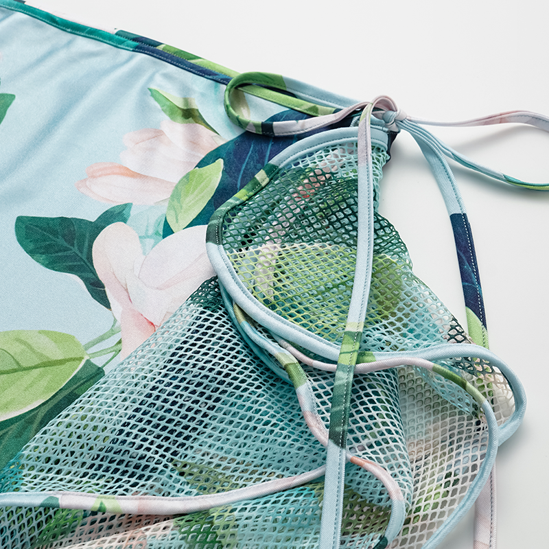 Bow Decor Mangnolia Print One Piece Swimsuit and Skirt