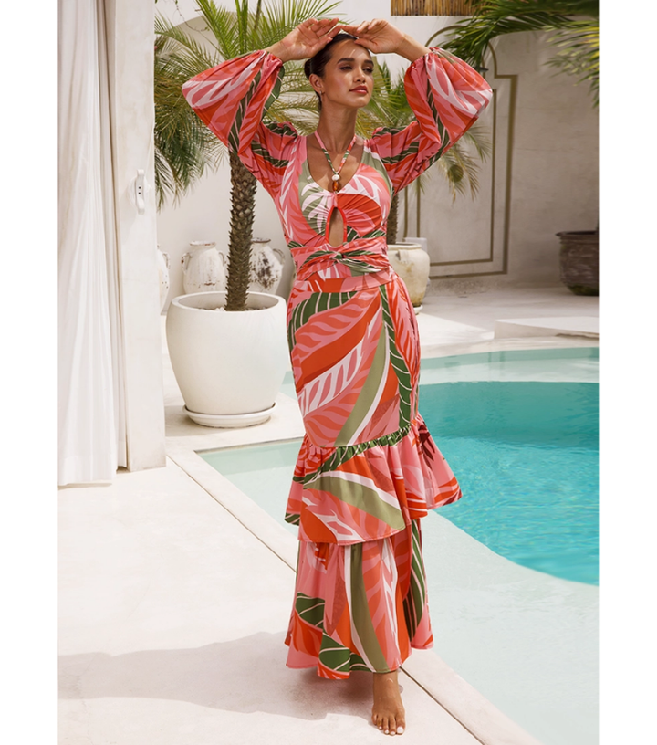 Long-sleeved Artificial Stone Decor One Piece Swimsuit and Skirt