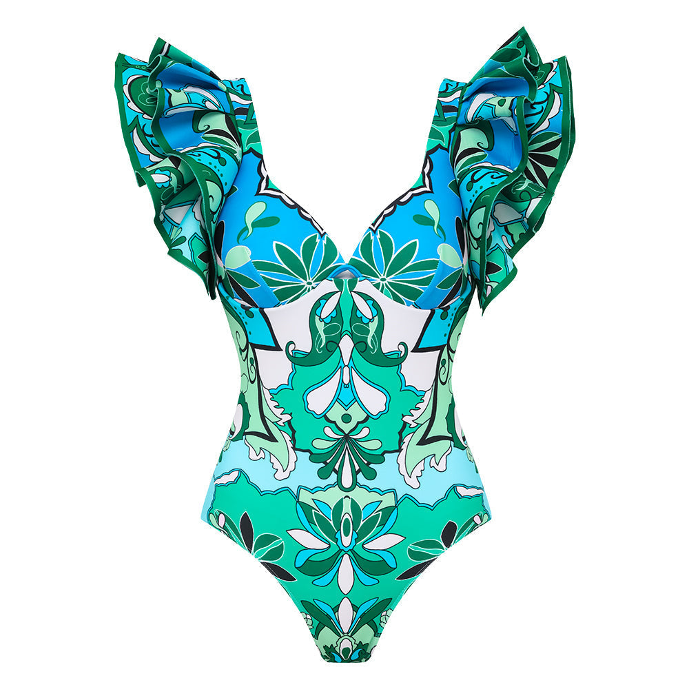 Ruffle Sleeves Blue and Green Pattern One Piece Swimsuit and sarong