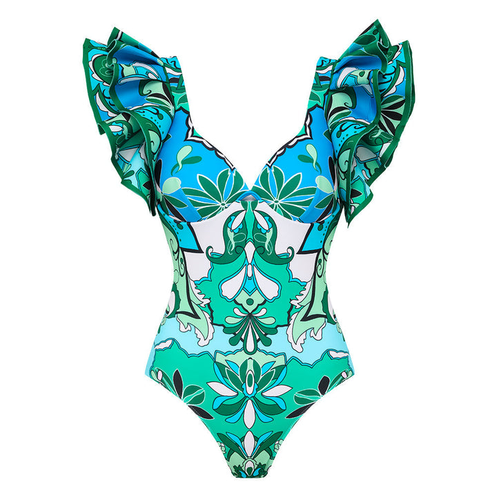 Ruffle Sleeves Blue and Green Pattern One Piece Swimsuit and sarong
