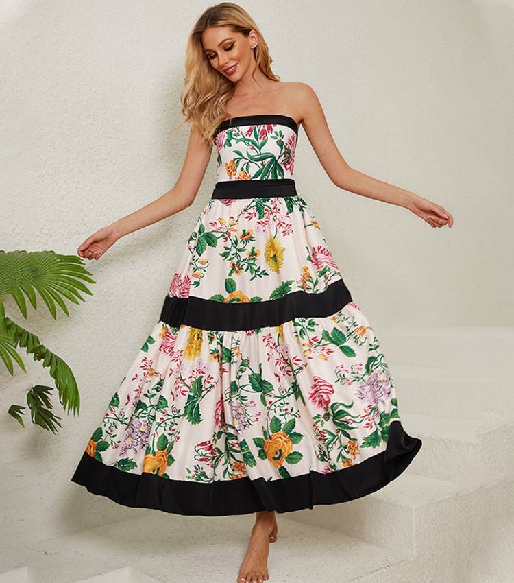 Off Shoulder Back Bow Tie Color Block Printed One Piece Swimsuit and Skirt
