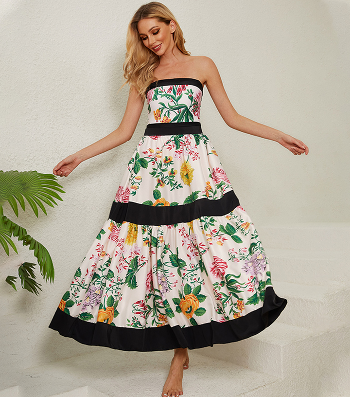 Off Shoulder Back Bow Tie Color Block Printed One Piece Swimsuit and Skirt