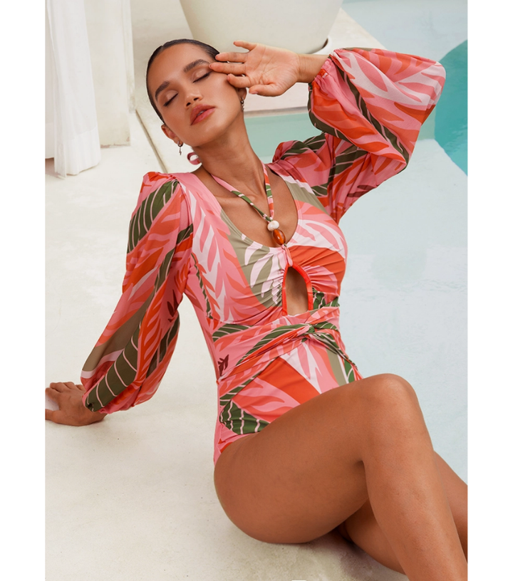 Long-sleeved Artificial Stone Decor One Piece Swimsuit and Skirt