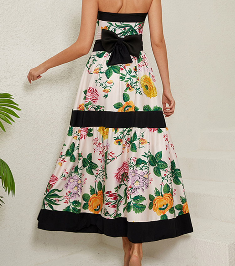 Off Shoulder Back Bow Tie Color Block Printed One Piece Swimsuit and Skirt