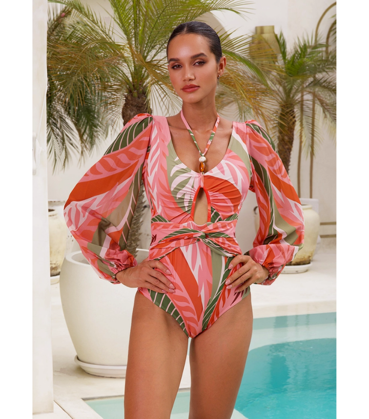 Long-sleeved Artificial Stone Decor One Piece Swimsuit and Skirt