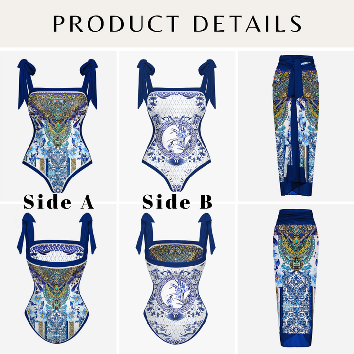 Reversible Tie-shoulder One Piece Swimsuit and sarong