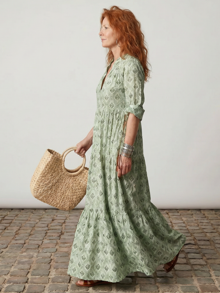 Junia | Notch Neck Printed Long Sleeve Maxi Dress