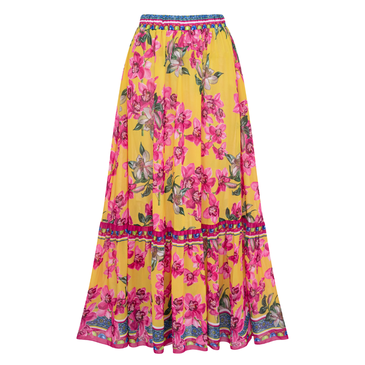 Bandeau Ruffled Orchid Print One Piece Swimsuit and Skirt