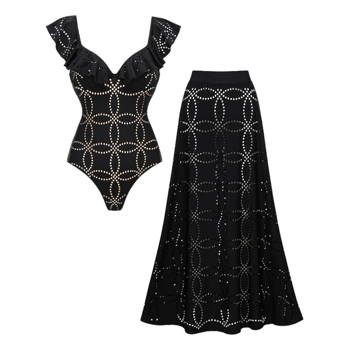 Underwired Black Ruffle Laser Cutting Flower One Piece Swimsuit and Skirt