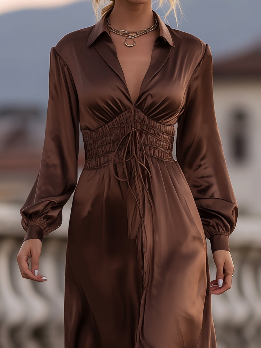 Satin Cinched Waist Maxi Dress In Mocha Brown