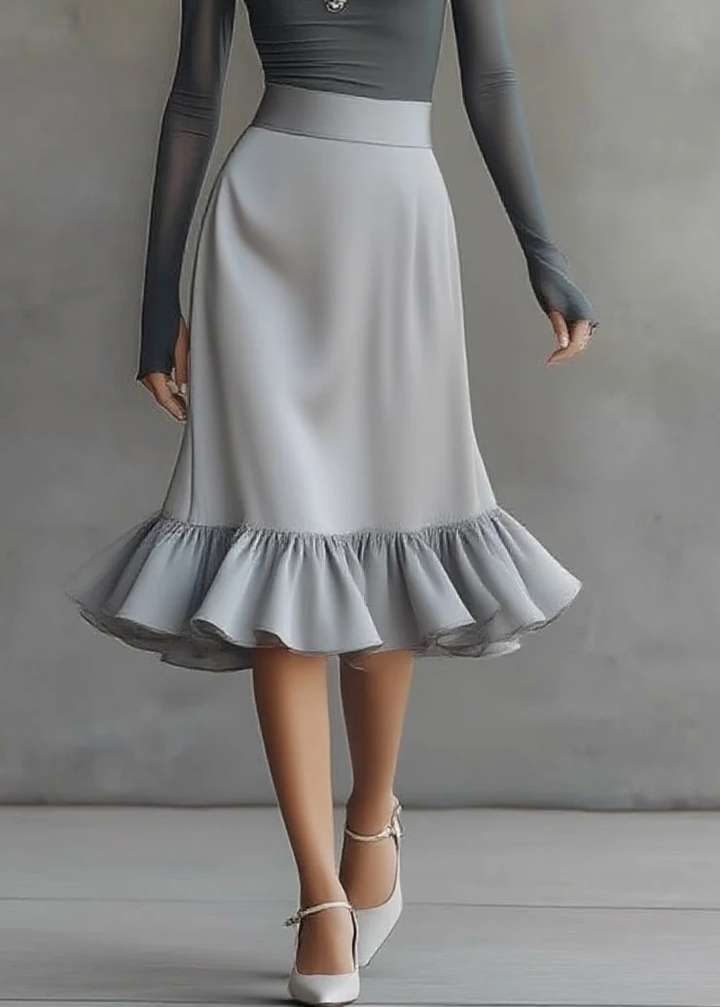 Grey One‑Shoulder Long Sleeve Top And Ruffle Hem Midi Dress Set