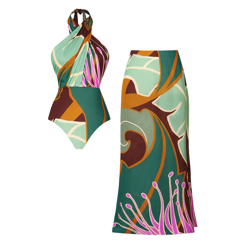 Halter Printed One Piece Swimsuit and Skirt
