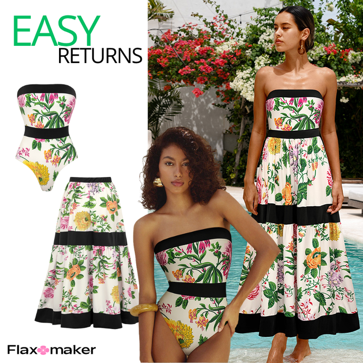 Off Shoulder Back Bow Tie Color Block Printed One Piece Swimsuit and Skirt