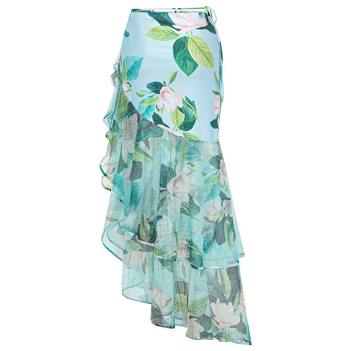 Bow Decor Mangnolia Print One Piece Swimsuit and Skirt