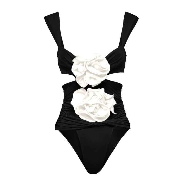 3D Flower Cutout One Piece Swimsuit and Skirt