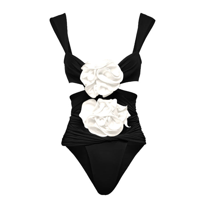 3D Flower Cutout One Piece Swimsuit and Skirt