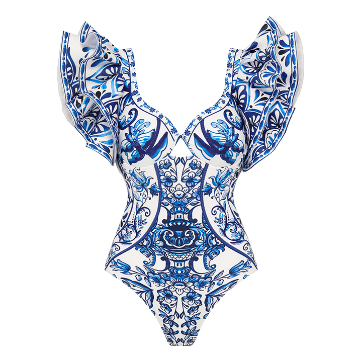 Ruffle Blue and White Porcelain Pattern Majolica Print One Piece Swimsuit and Skirt or Sarong